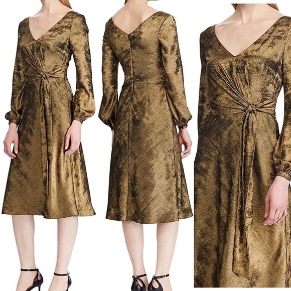 Lauren Ralph Lauren Sateen Faux Wrap Dress Gold - Picture 11 of 11